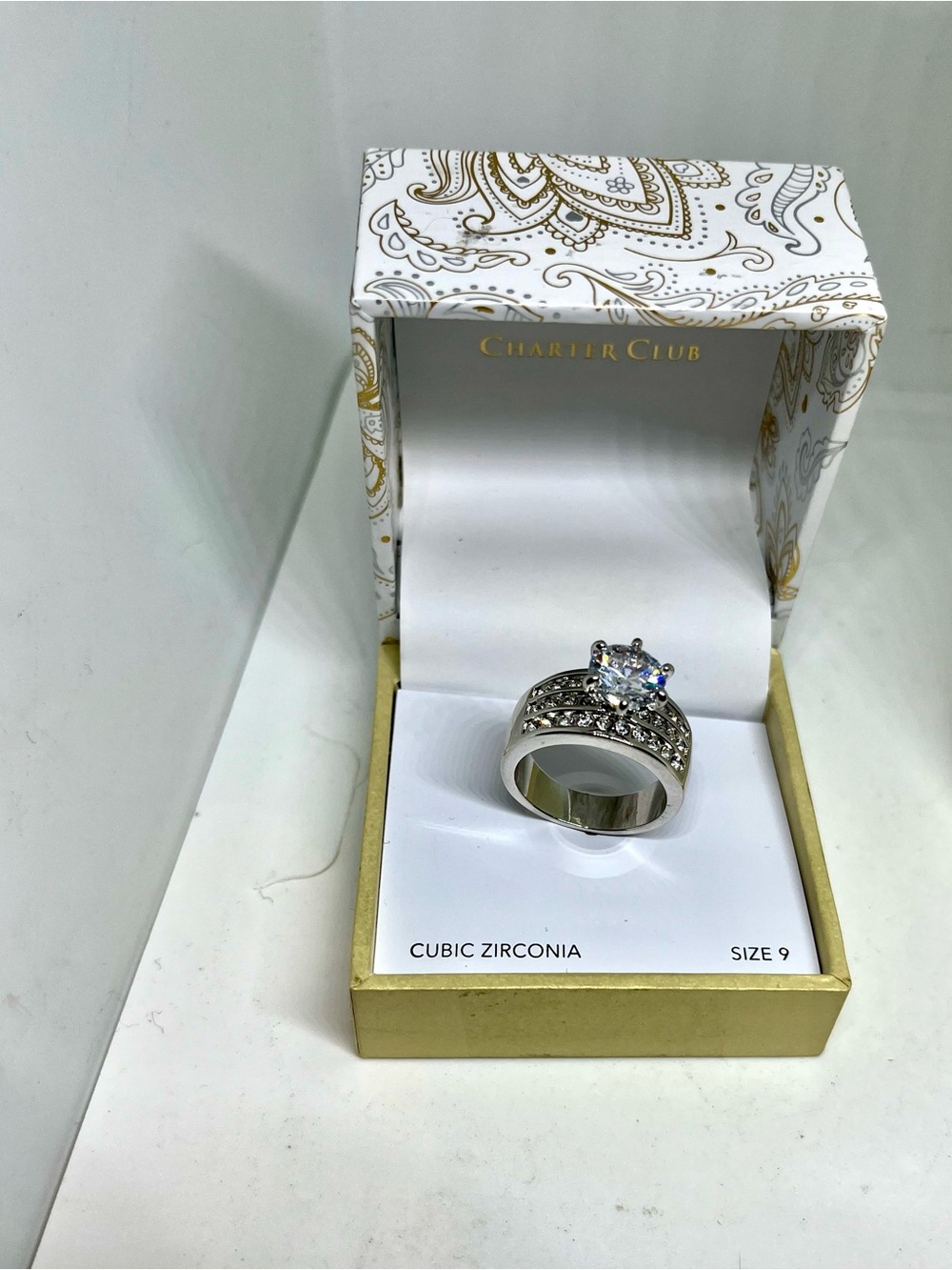 Charter Club Silver Tone Ring with Clear Cubic Zirconia NIB